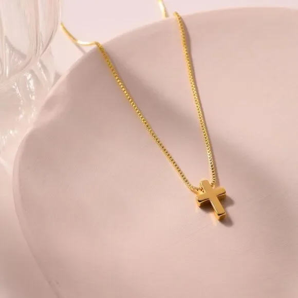 Gold Cross Necklace 14K Gold Plated Baptism Gift Cross Necklace Dainty Pendants - Picture 2 of 7